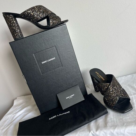 NEW | SAINT LAURENT Glitter YSL Shimmer Lou Lou 95 Sanda Midnight Nero Sz. 37.5 - Picture 2 of 12
